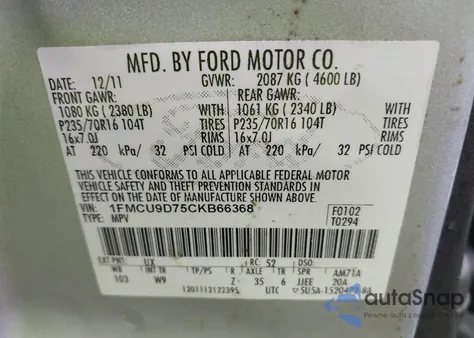 2012 Ford Escape Xlt z USA, uszkodzony, nr VIN 1FMCU9D75CKB66368